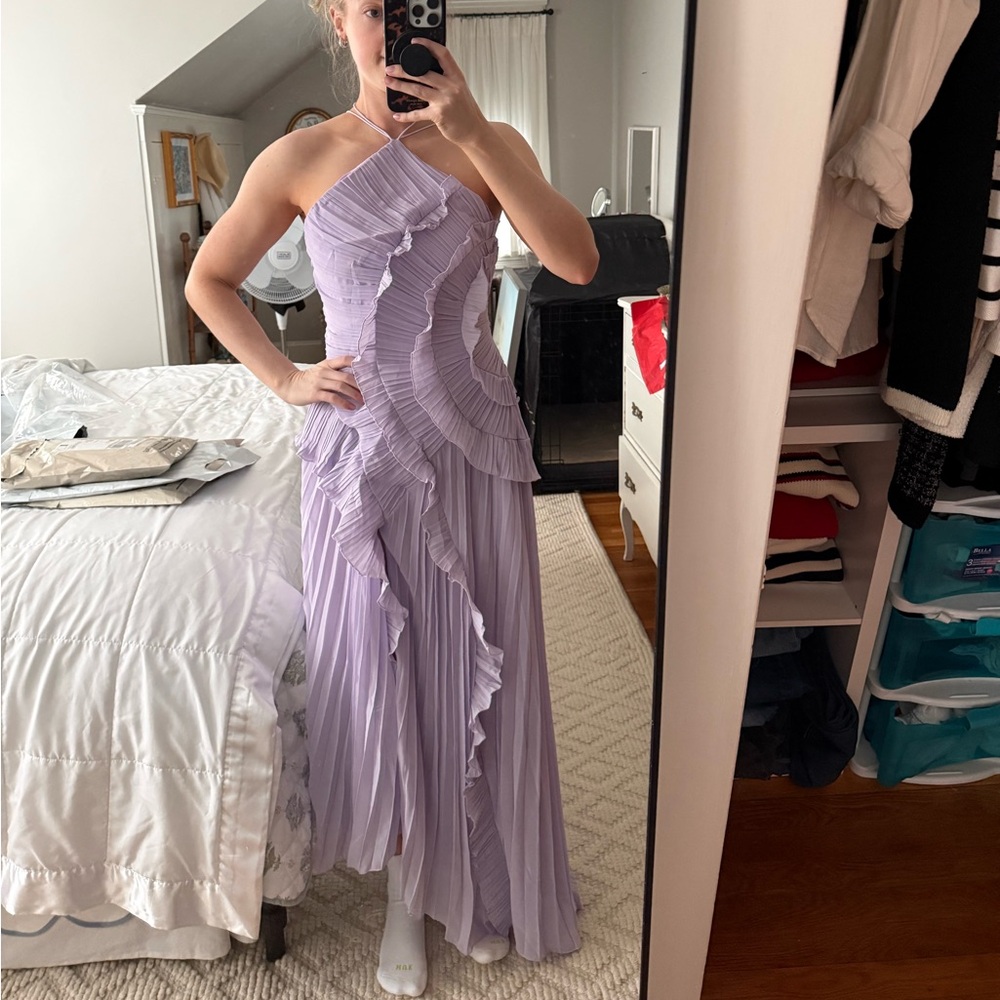 High Neck Lavender Ruffle Pleated Evening Gown